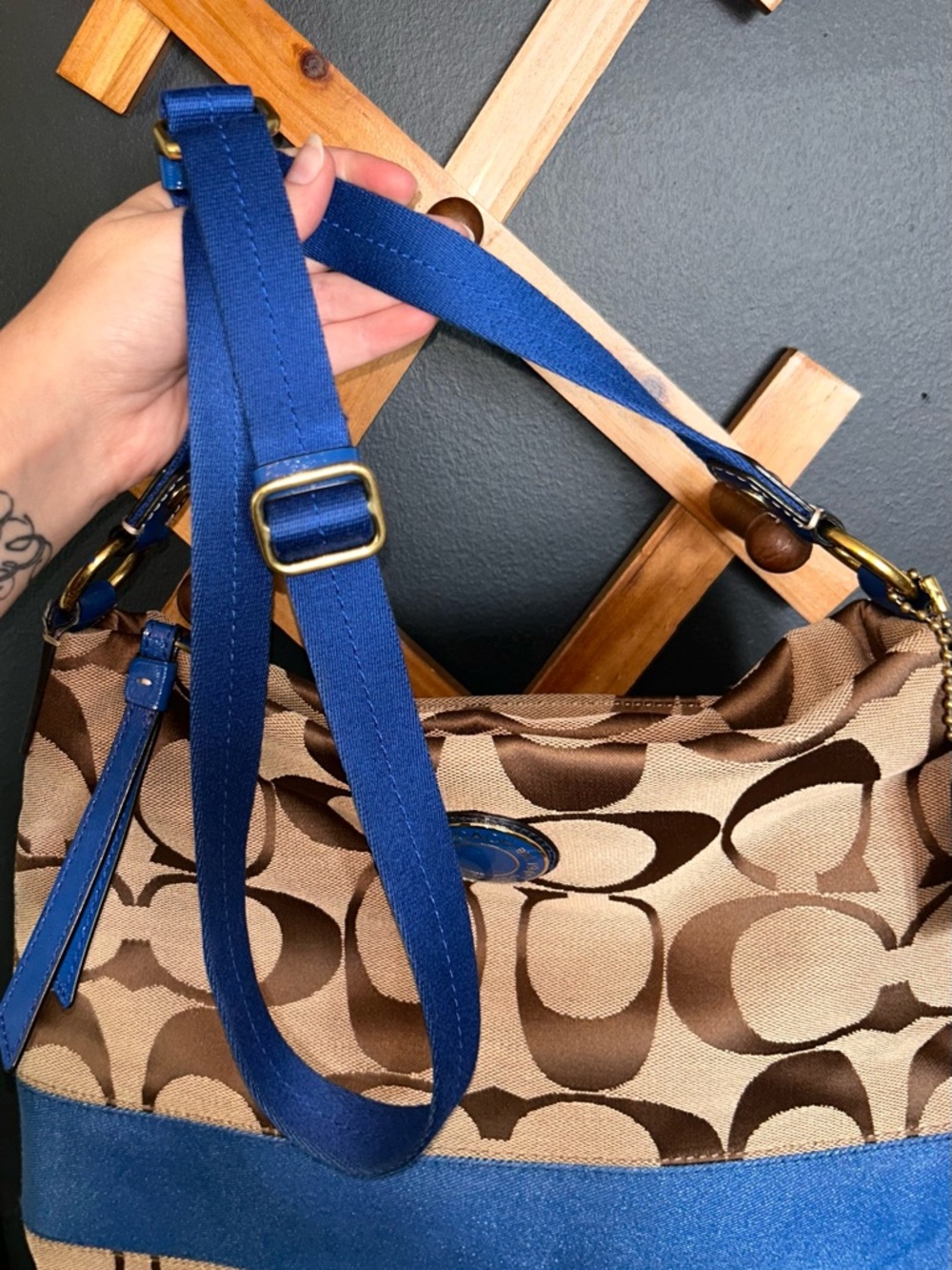 Coach Signature Stripe File Bag- Khaki Cobalt Blue Y2K 2012 - Picture 8 of 14